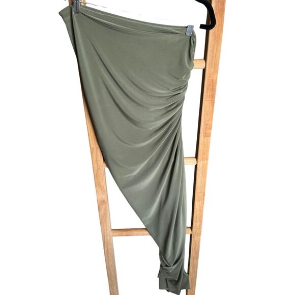 Norma Kamali Strapless Diana Ruched Dress Stretch Midi Olive Green Size XL - Picture 7 of 13